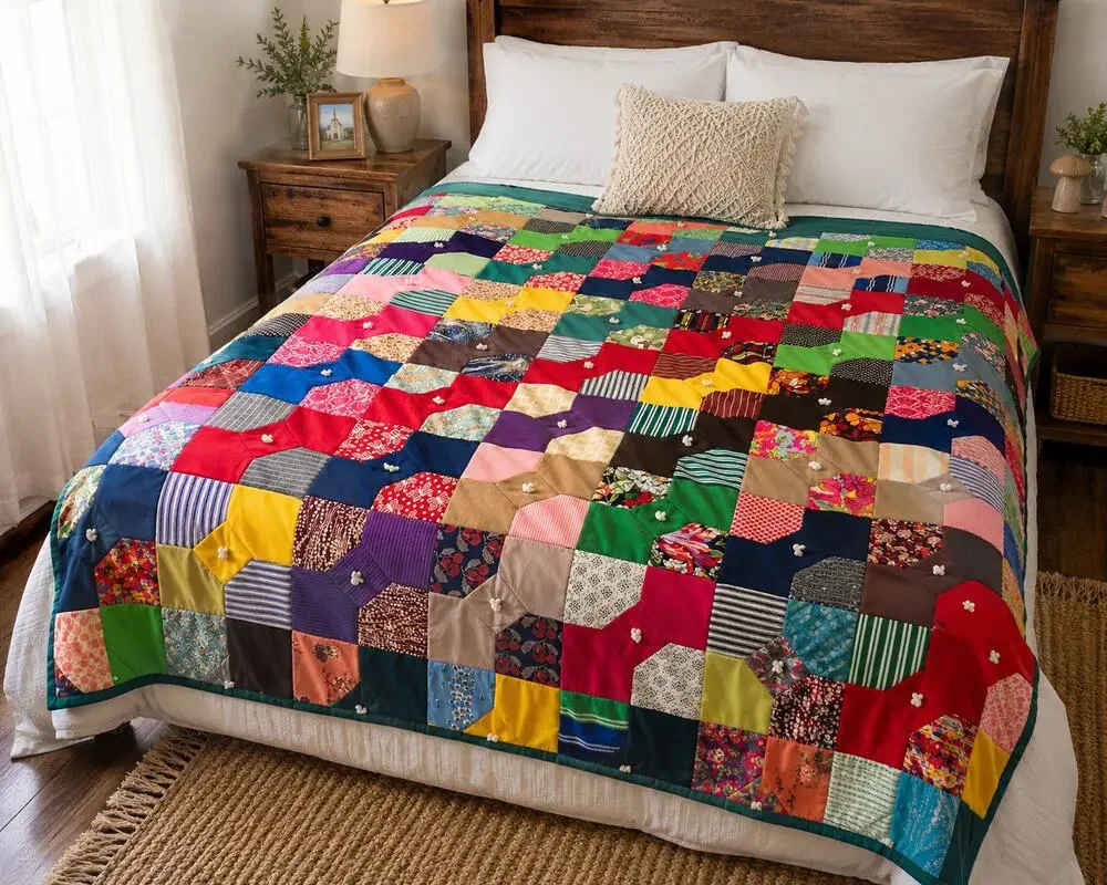 Vintage Handmade Double Knit Polyester Bow Tie Patchwork Tied Quilt Queen